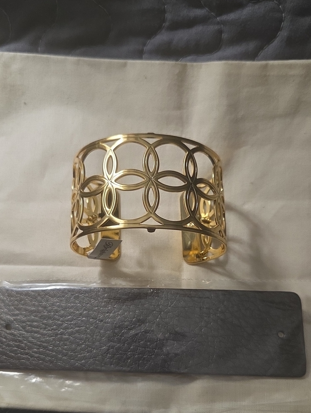 Brighton Gold Openwork Floral Cuff Bracelet/Leather Strap